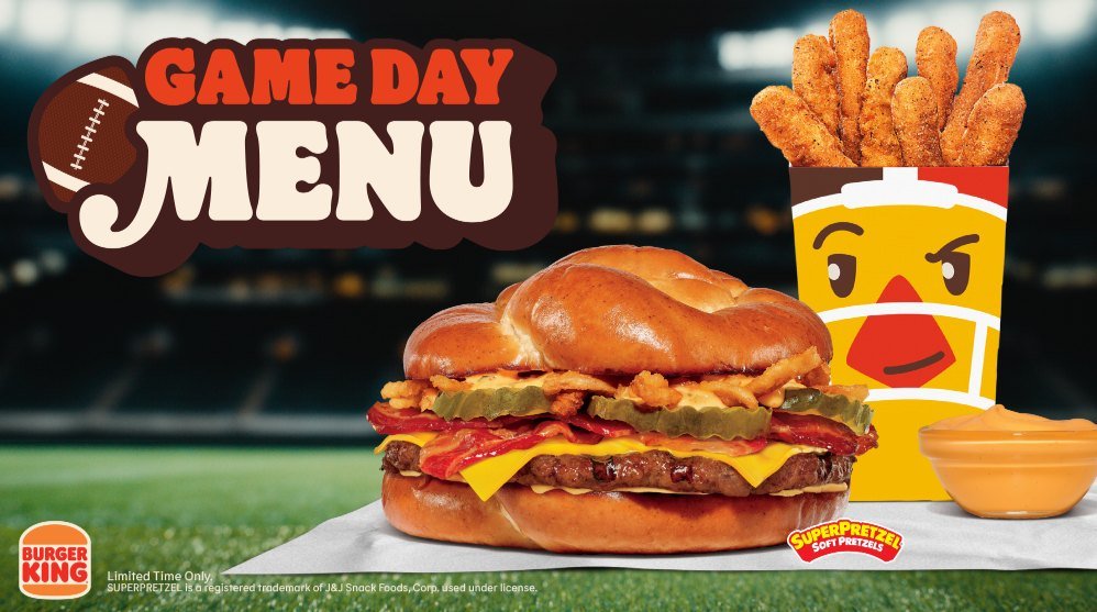Burger King Game Day Menu with the Game Day Pretzel Burger on a SuperPretzel bun and Chicken Fries with nacho cheese