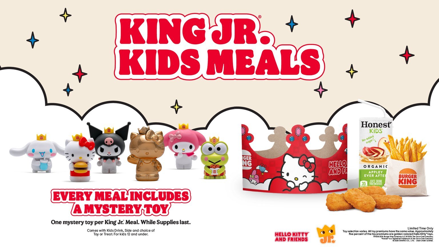 Official Burger King Hello Kitty and Friends King Jr. Meal with all six toys, including the golden Hello Kitty, plus the crown, nuggets, fries and juice