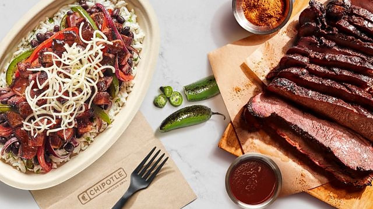 Chipotle Smoked Brisket burrito bowl next to sliced mesquite-smoked brisket and chili sauce