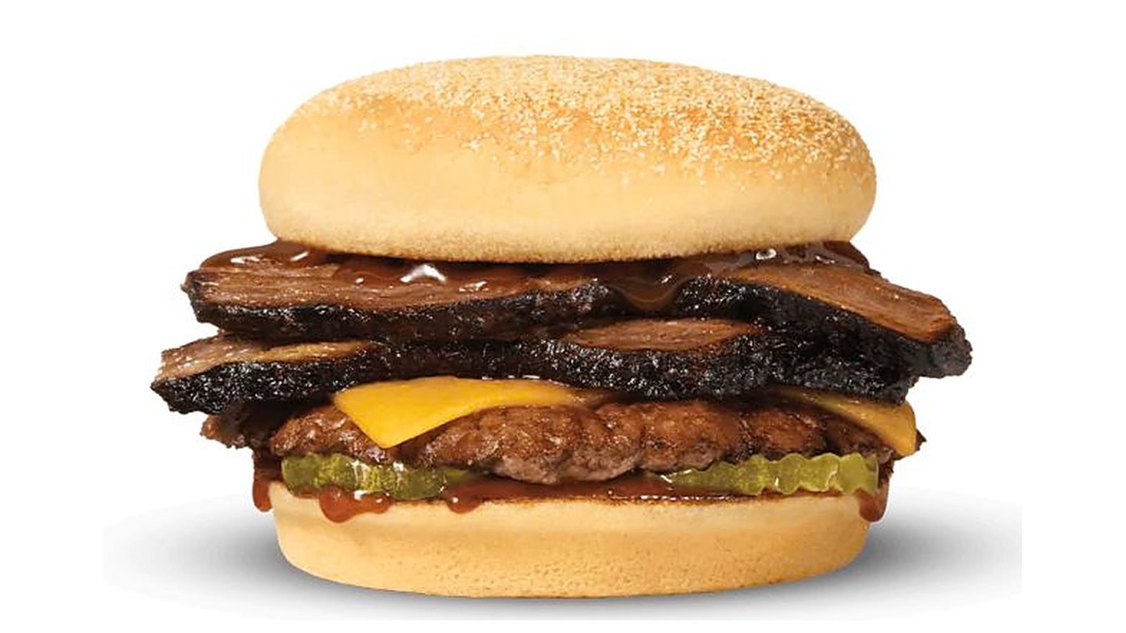 Culver's BBQ Brisket Pub Burger with smoked brisket, beef patty, cheddar and pickles on a cornmeal-dusted bun