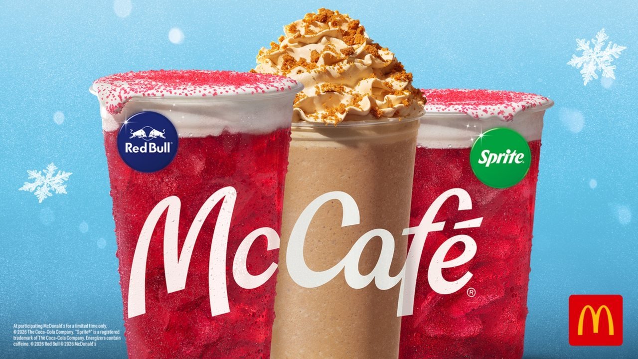 McDonald's holiday drinks 2026: Red Bull Frosted Cranberry Energizer, Cookie Butter Frappé and Frosted Cranberry Splash with Sprite