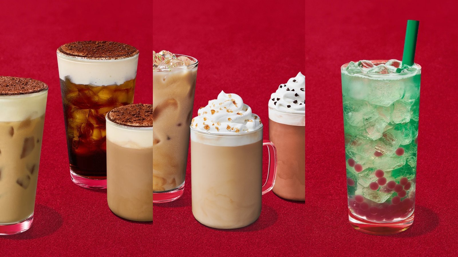 Starbucks holiday menu 2026 drinks: Tiramisu Velvet Latte and Cold Brew, Sugar Cookie Latte, Caramel Brulee Latte, Peppermint Mocha and Apple Pomegranate Refresher